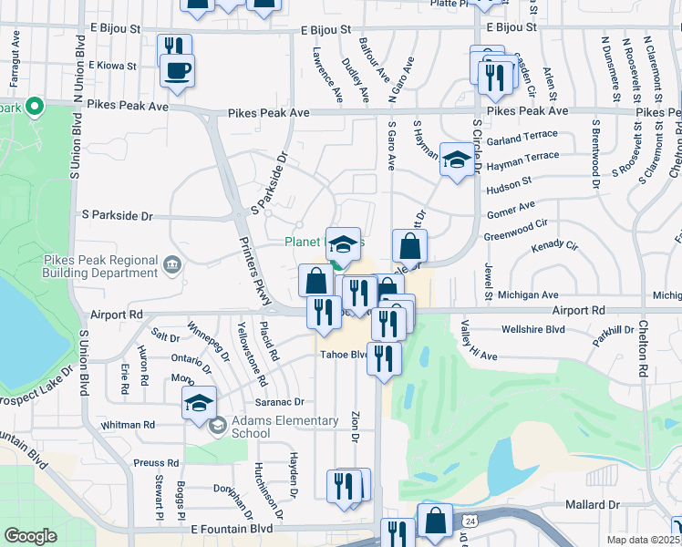 map of restaurants, bars, coffee shops, grocery stores, and more near 2516 Airport Road in Colorado Springs