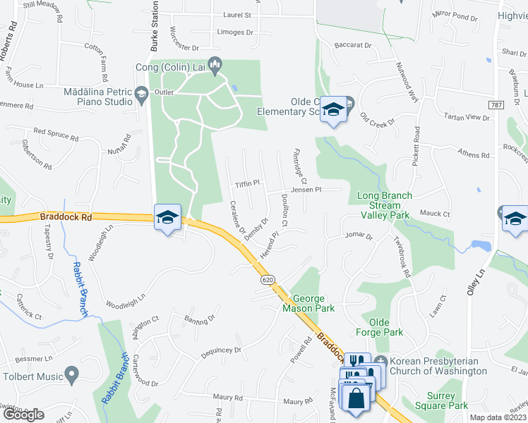 map of restaurants, bars, coffee shops, grocery stores, and more near 4606 Demby Drive in Fairfax