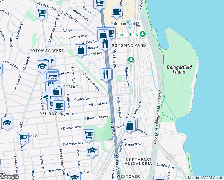 map of restaurants, bars, coffee shops, grocery stores, and more near 2215 Richmond Highway in Alexandria
