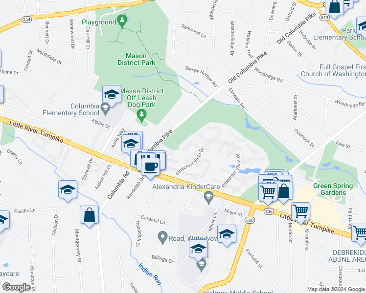 map of restaurants, bars, coffee shops, grocery stores, and more near 6541 Cypress Point Road in Alexandria