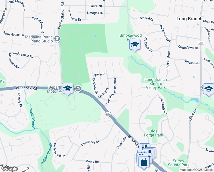 map of restaurants, bars, coffee shops, grocery stores, and more near 4606 Demby Drive in Fairfax