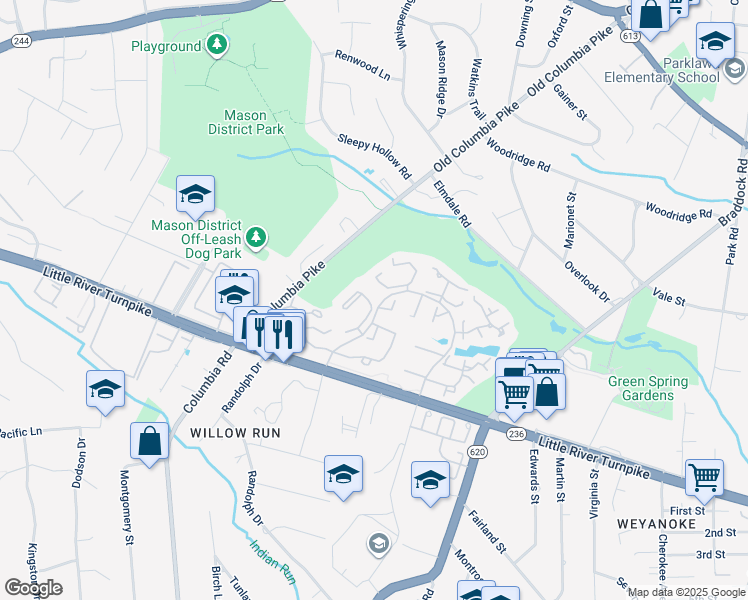 map of restaurants, bars, coffee shops, grocery stores, and more near 6593 Cypress Point Road in Alexandria