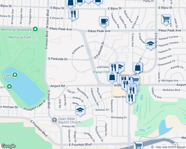 map of restaurants, bars, coffee shops, grocery stores, and more near 2802 International Circle in Colorado Springs