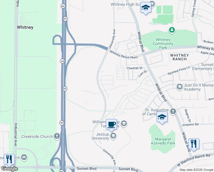 map of restaurants, bars, coffee shops, grocery stores, and more near 1217 Starflower Lane in Rocklin