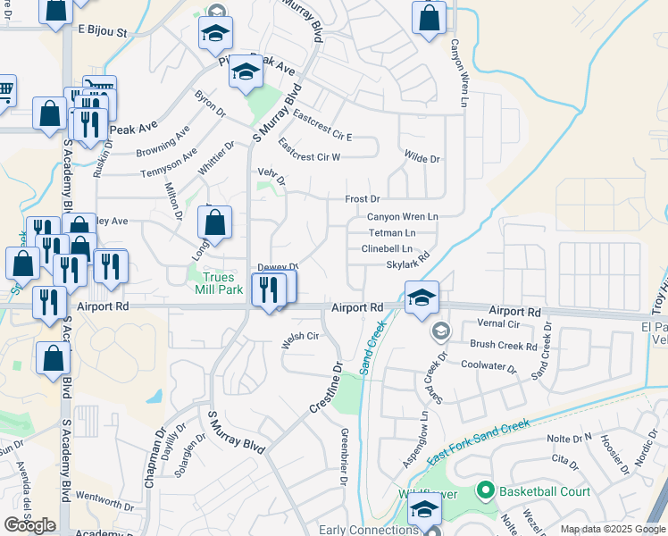 map of restaurants, bars, coffee shops, grocery stores, and more near 4421 Dewey Drive in Colorado Springs