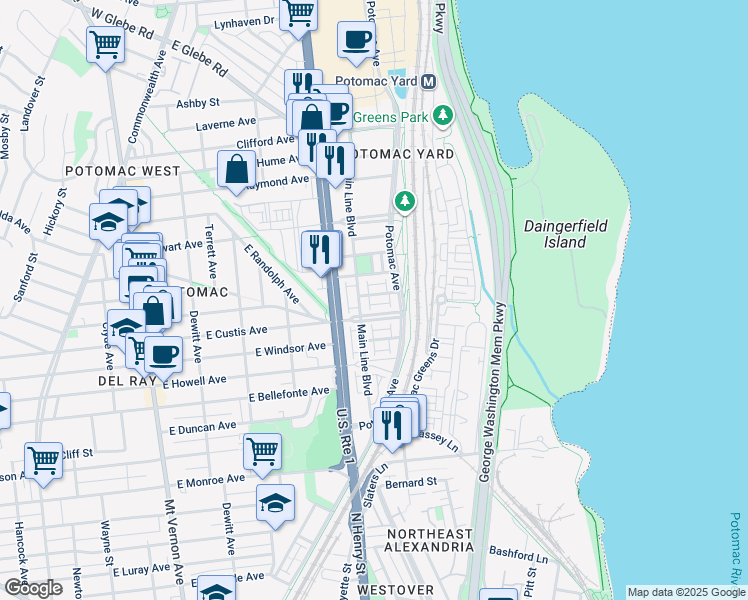 map of restaurants, bars, coffee shops, grocery stores, and more near 715 Annie Rose Avenue in Alexandria