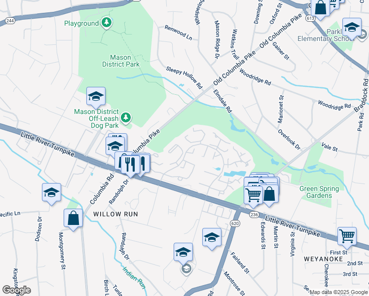 map of restaurants, bars, coffee shops, grocery stores, and more near 6593 Cypress Point Road in Alexandria