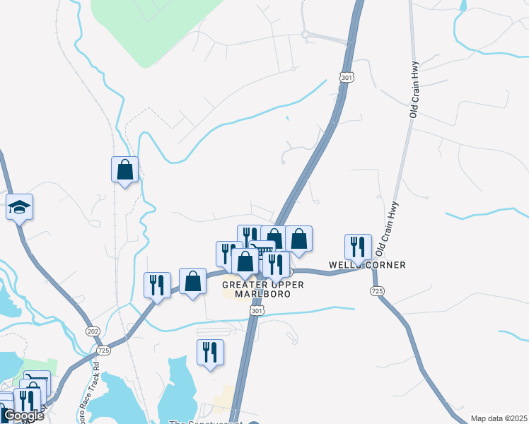 map of restaurants, bars, coffee shops, grocery stores, and more near 15510 Peerless Avenue in Upper Marlboro