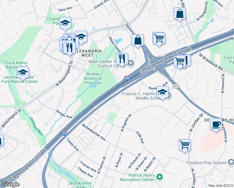 map of restaurants, bars, coffee shops, grocery stores, and more near 1469 North Van Dorn Street in Alexandria