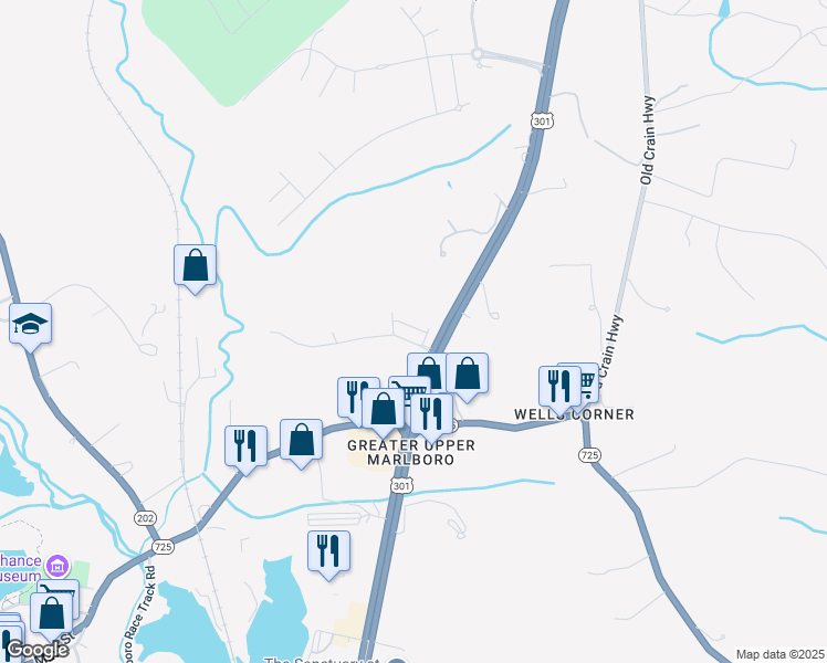 map of restaurants, bars, coffee shops, grocery stores, and more near 15510 Peerless Avenue in Upper Marlboro