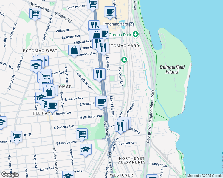 map of restaurants, bars, coffee shops, grocery stores, and more near 2215 Main Line Boulevard in Alexandria