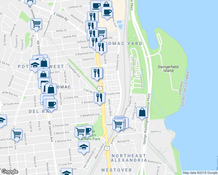 map of restaurants, bars, coffee shops, grocery stores, and more near 2215 Main Line Boulevard in Alexandria