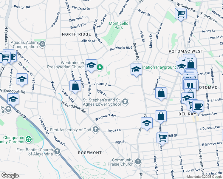 map of restaurants, bars, coffee shops, grocery stores, and more near 409 Jackson Place in Alexandria