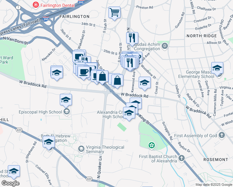 map of restaurants, bars, coffee shops, grocery stores, and more near West Braddock Road in Alexandria