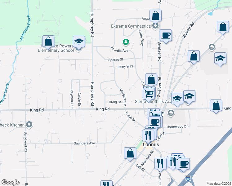 map of restaurants, bars, coffee shops, grocery stores, and more near 5745 Cutler Court in Loomis