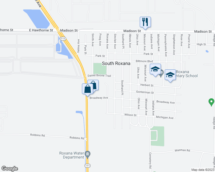 map of restaurants, bars, coffee shops, grocery stores, and more near 602 Central Park Place in South Roxana