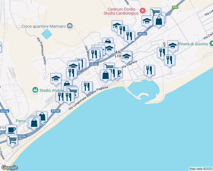 map of restaurants, bars, coffee shops, grocery stores, and more near 295 Via Lungomare Stefano Pugliese in Catanzaro