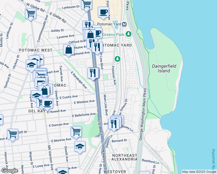 map of restaurants, bars, coffee shops, grocery stores, and more near 715 Annie Rose Avenue in Alexandria