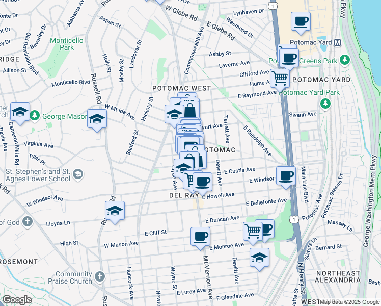 map of restaurants, bars, coffee shops, grocery stores, and more near Mt Vernon Ave in Alexandria