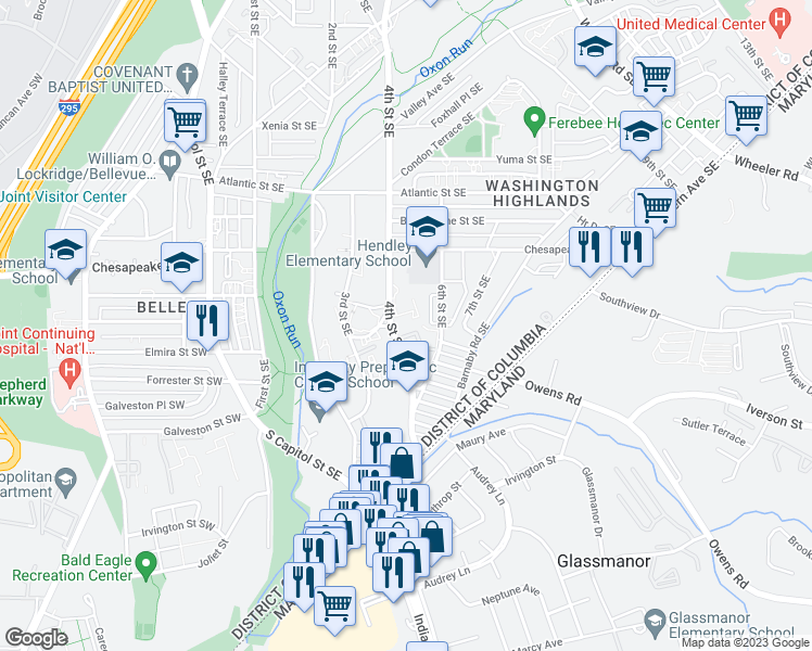 map of restaurants, bars, coffee shops, grocery stores, and more near 4232 4th Street Southeast in Washington
