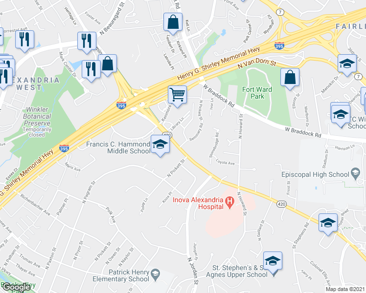 map of restaurants, bars, coffee shops, grocery stores, and more near 4619 Seminary Road in Alexandria