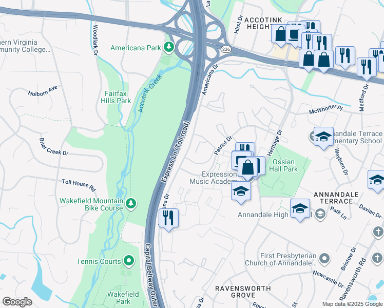 map of restaurants, bars, coffee shops, grocery stores, and more near 4412 Island Place in Annandale