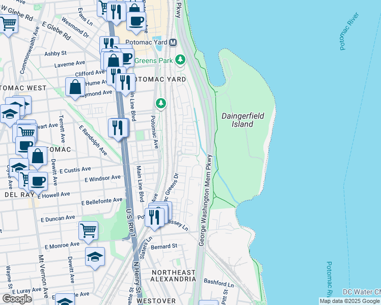 map of restaurants, bars, coffee shops, grocery stores, and more near 715 Carpenter Rd in Alexandria