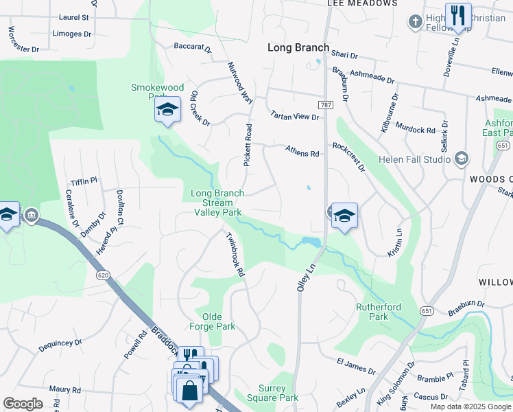 map of restaurants, bars, coffee shops, grocery stores, and more near 9428 Mauck Court in Fairfax