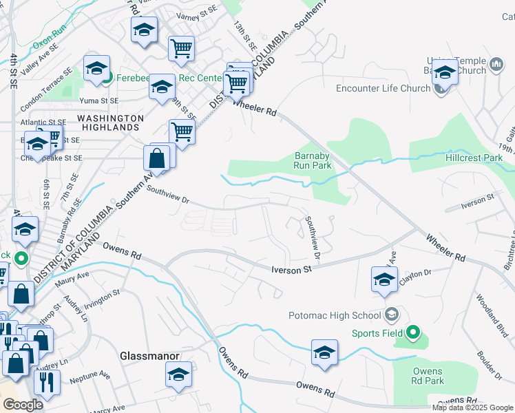 map of restaurants, bars, coffee shops, grocery stores, and more near 1414 Southview Drive in Oxon Hill