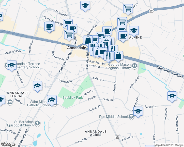 map of restaurants, bars, coffee shops, grocery stores, and more near 7131 Jayhawk Street in Annandale