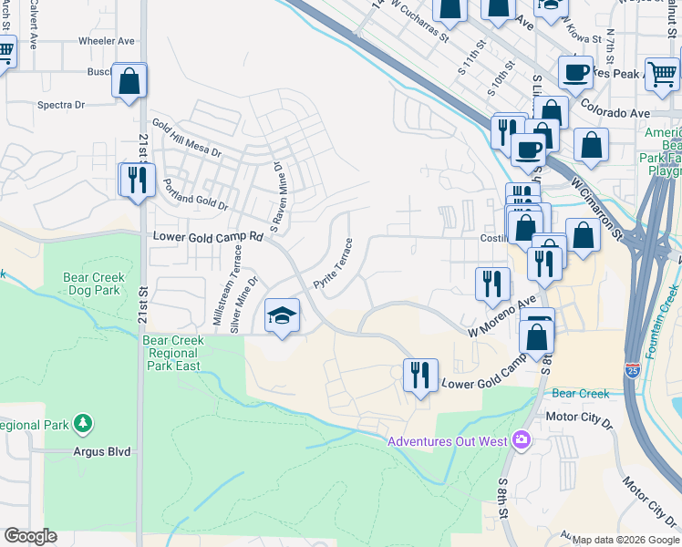 map of restaurants, bars, coffee shops, grocery stores, and more near 312 Pyrite Terrace in Colorado Springs