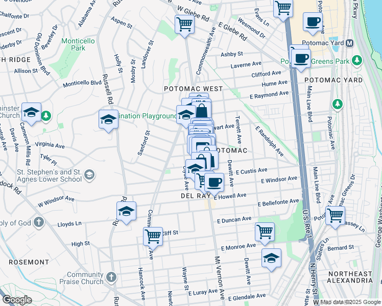 map of restaurants, bars, coffee shops, grocery stores, and more near 106 East Oxford Avenue in Alexandria
