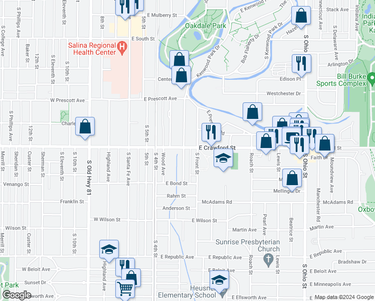 map of restaurants, bars, coffee shops, grocery stores, and more near 680 South Front Street in Salina