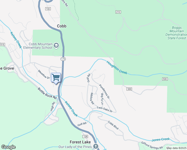 map of restaurants, bars, coffee shops, grocery stores, and more near 16132 Ponderosa Drive in Cobb