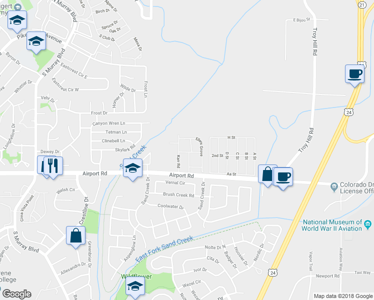 map of restaurants, bars, coffee shops, grocery stores, and more near 4950 Leland Point in Colorado Springs