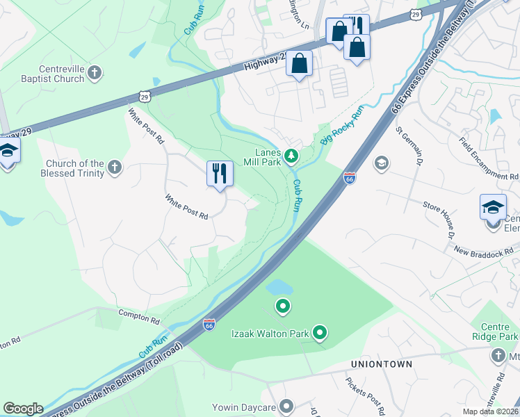 map of restaurants, bars, coffee shops, grocery stores, and more near 14810 Green Post Ct in Centreville