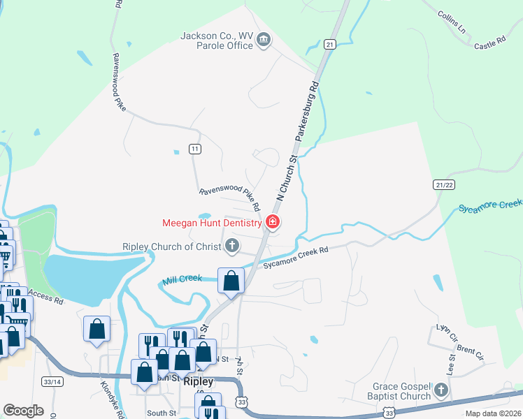 map of restaurants, bars, coffee shops, grocery stores, and more near 119 Ravenswood Pike in Ripley