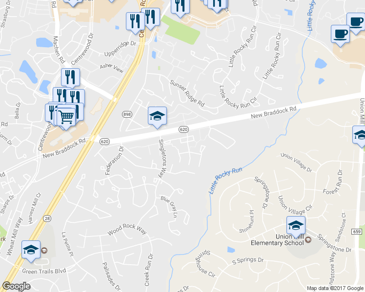 map of restaurants, bars, coffee shops, grocery stores, and more near 13949 Big Yankee Lane in Centreville