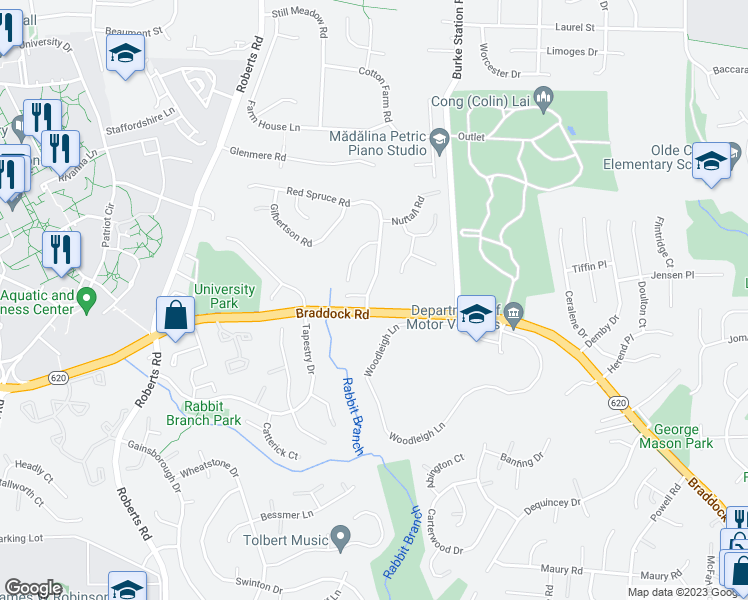 map of restaurants, bars, coffee shops, grocery stores, and more near 10127 Red Spruce Road in Fairfax