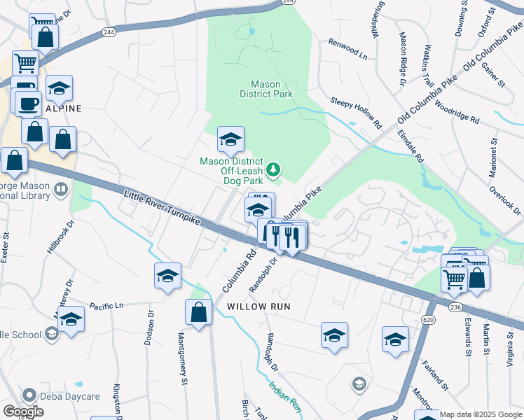 map of restaurants, bars, coffee shops, grocery stores, and more near 4517 Pinecrest Heights Drive in Annandale