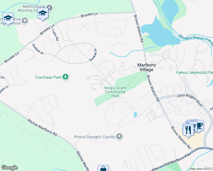 map of restaurants, bars, coffee shops, grocery stores, and more near 4645 Penzance Place in Upper Marlboro