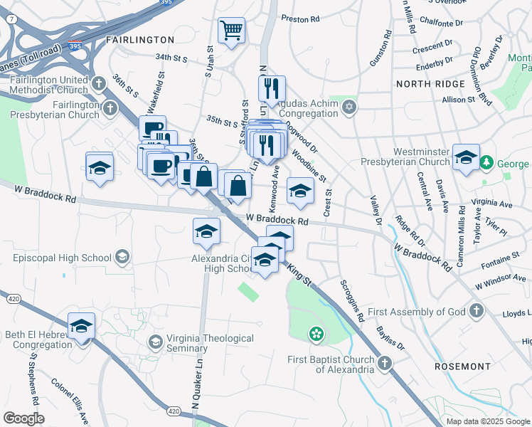map of restaurants, bars, coffee shops, grocery stores, and more near 1739 Braddock Place in Alexandria