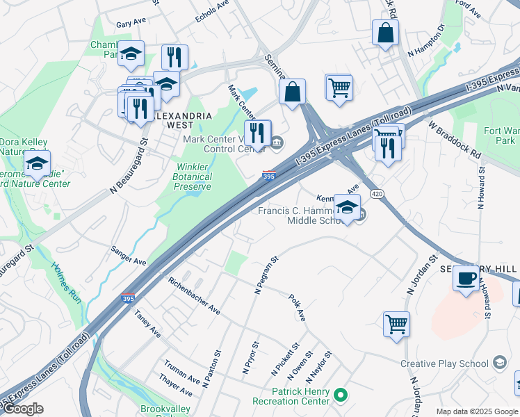 map of restaurants, bars, coffee shops, grocery stores, and more near 1503 North Van Dorn Street in Alexandria