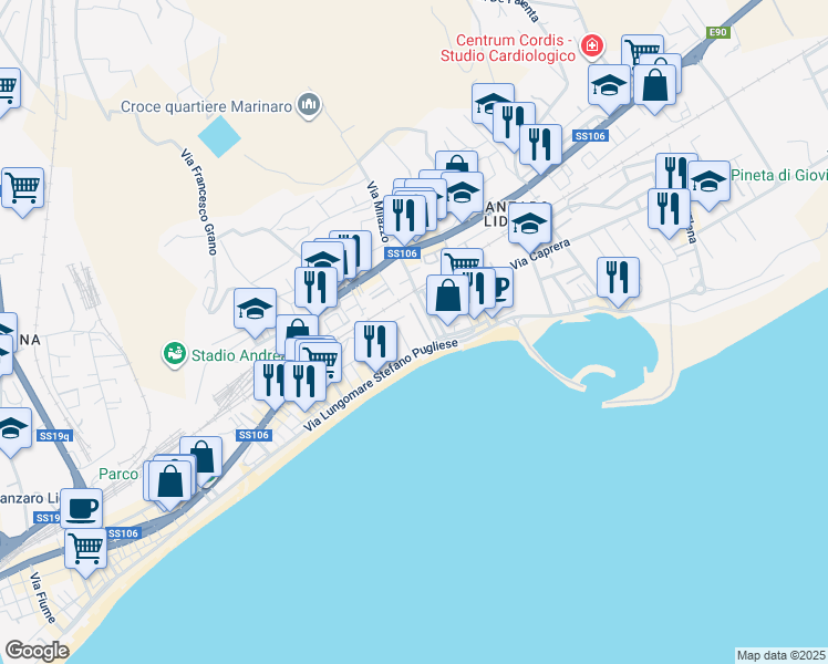 map of restaurants, bars, coffee shops, grocery stores, and more near 6 Via Ferdinando Magellano in Catanzaro