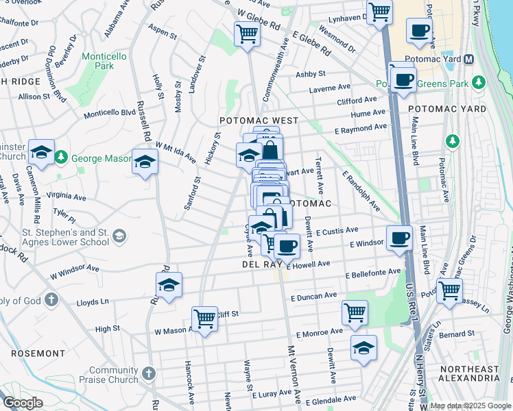 map of restaurants, bars, coffee shops, grocery stores, and more near 106 East Oxford Avenue in Alexandria