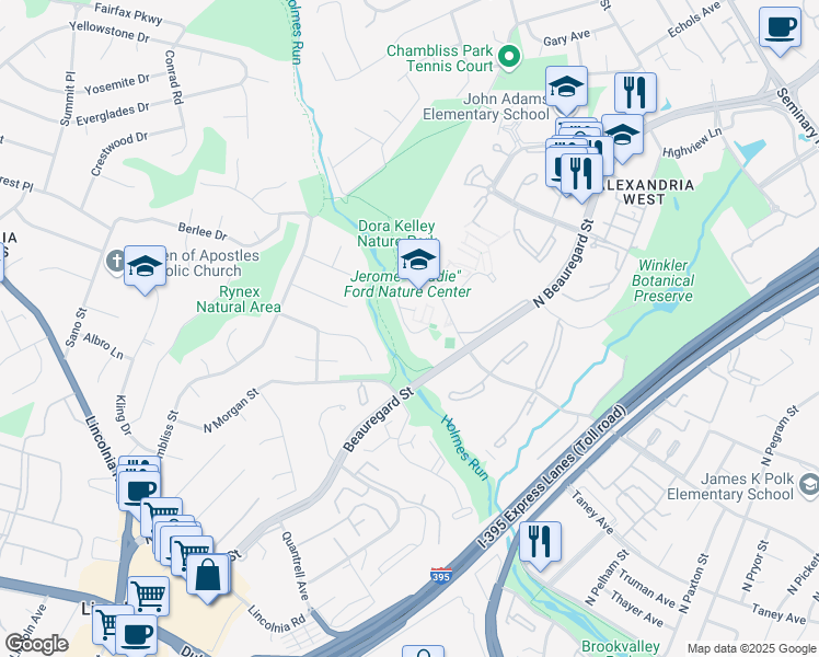 map of restaurants, bars, coffee shops, grocery stores, and more near 5700 Sanger Avenue in Alexandria