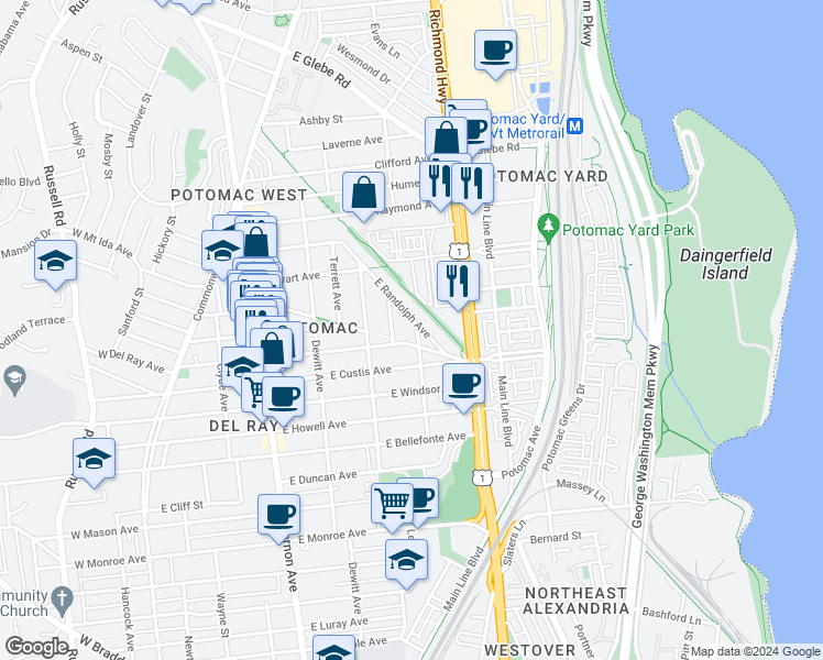 map of restaurants, bars, coffee shops, grocery stores, and more near 2306 La Grande Avenue in Alexandria