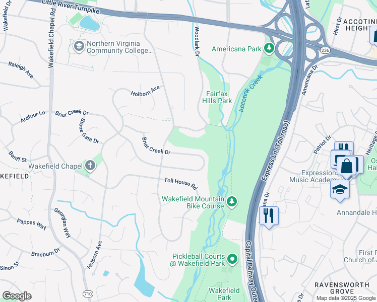 map of restaurants, bars, coffee shops, grocery stores, and more near 8129 Briar Creek Drive in Annandale