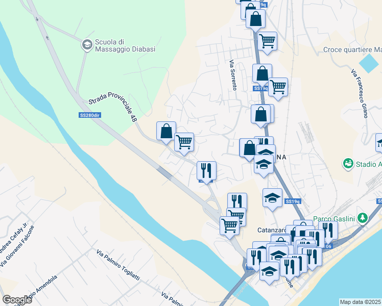 map of restaurants, bars, coffee shops, grocery stores, and more near 7 Viale Enrico Molè in Catanzaro