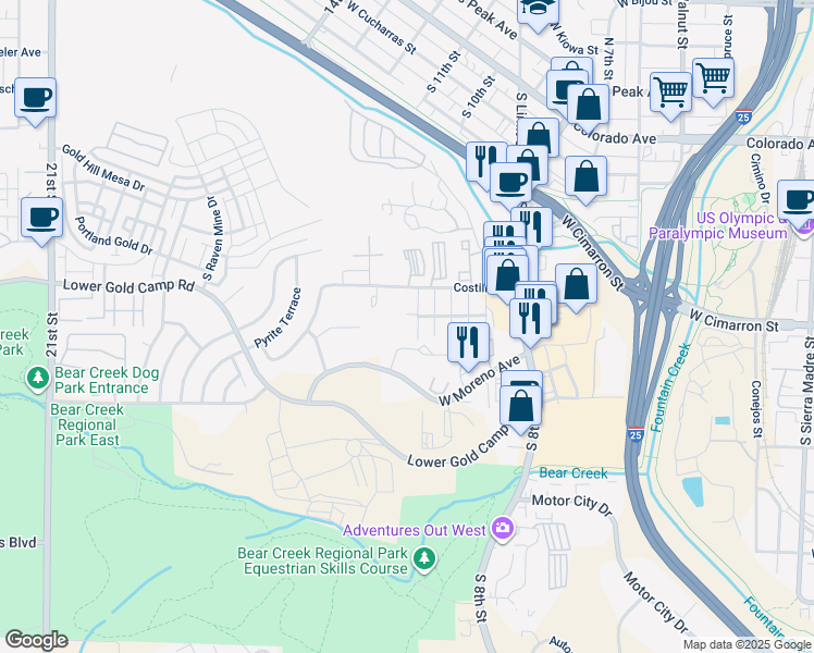 map of restaurants, bars, coffee shops, grocery stores, and more near 420 South 11th Street in Colorado Springs